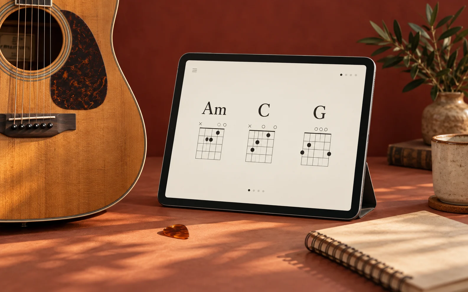 Acoustic guitar and a digital chord chart concept