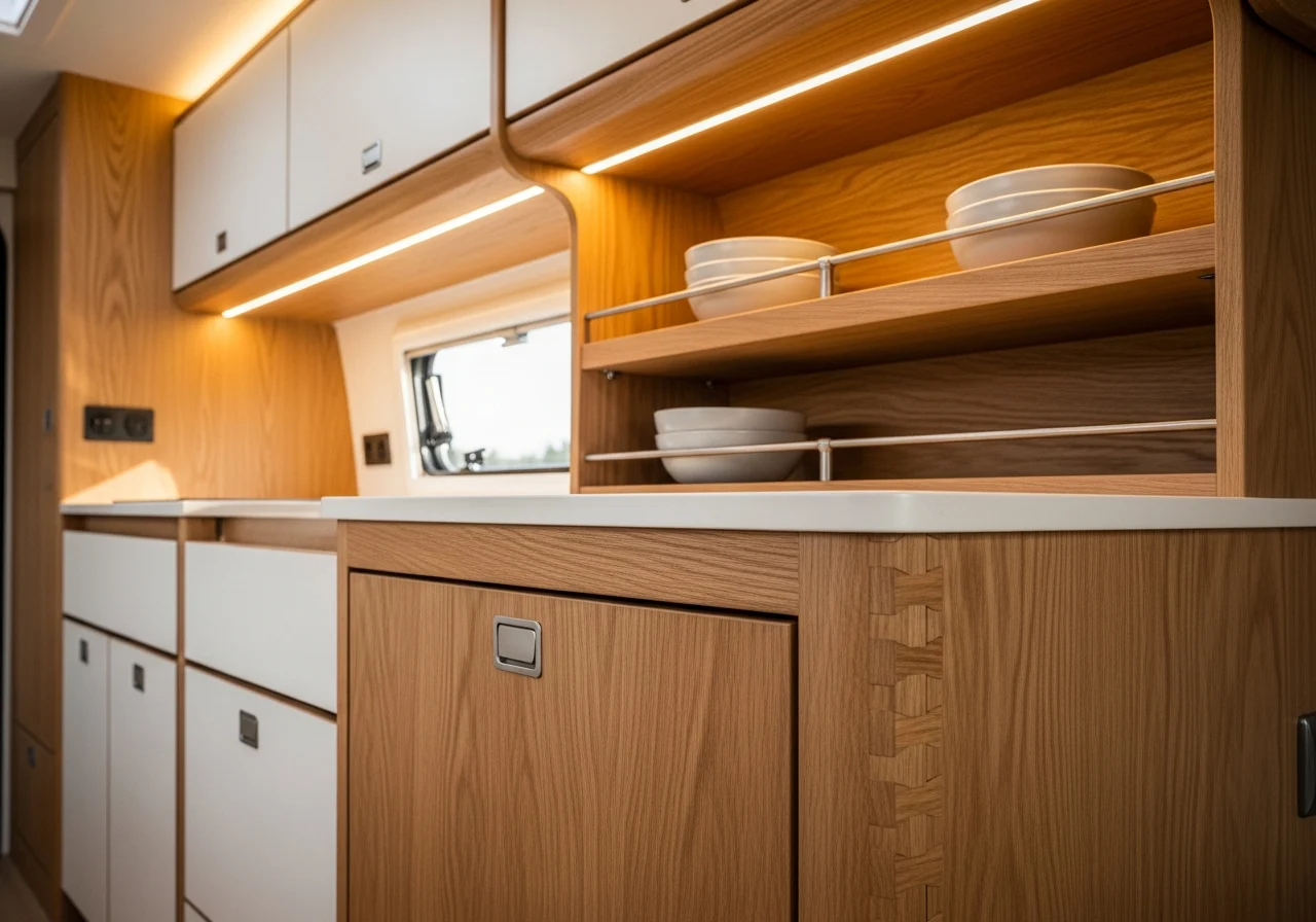 Camper cabinetry and storage detail