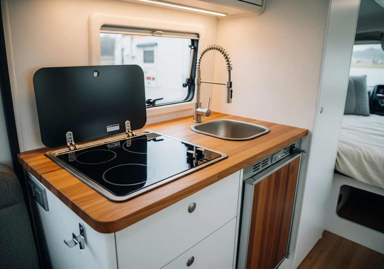 Compact camper kitchen with timber cabinetry