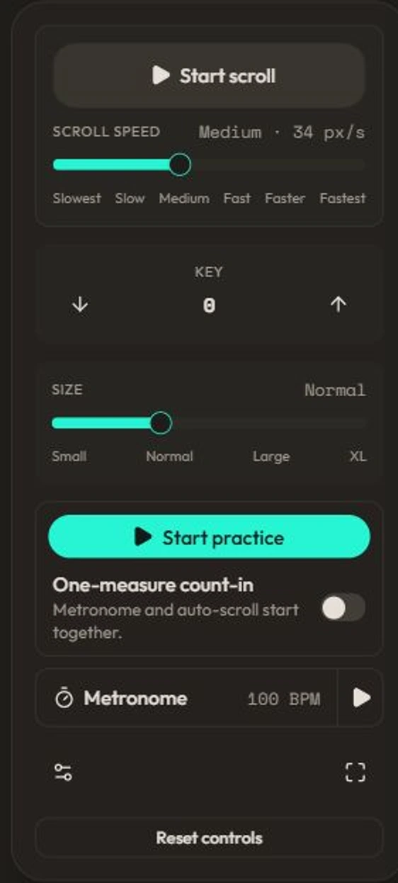Song practice controls: scrolling, transposition and timing