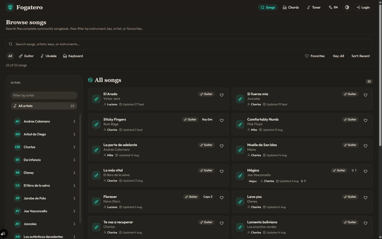 Community songbook with instrument, artist and key filters