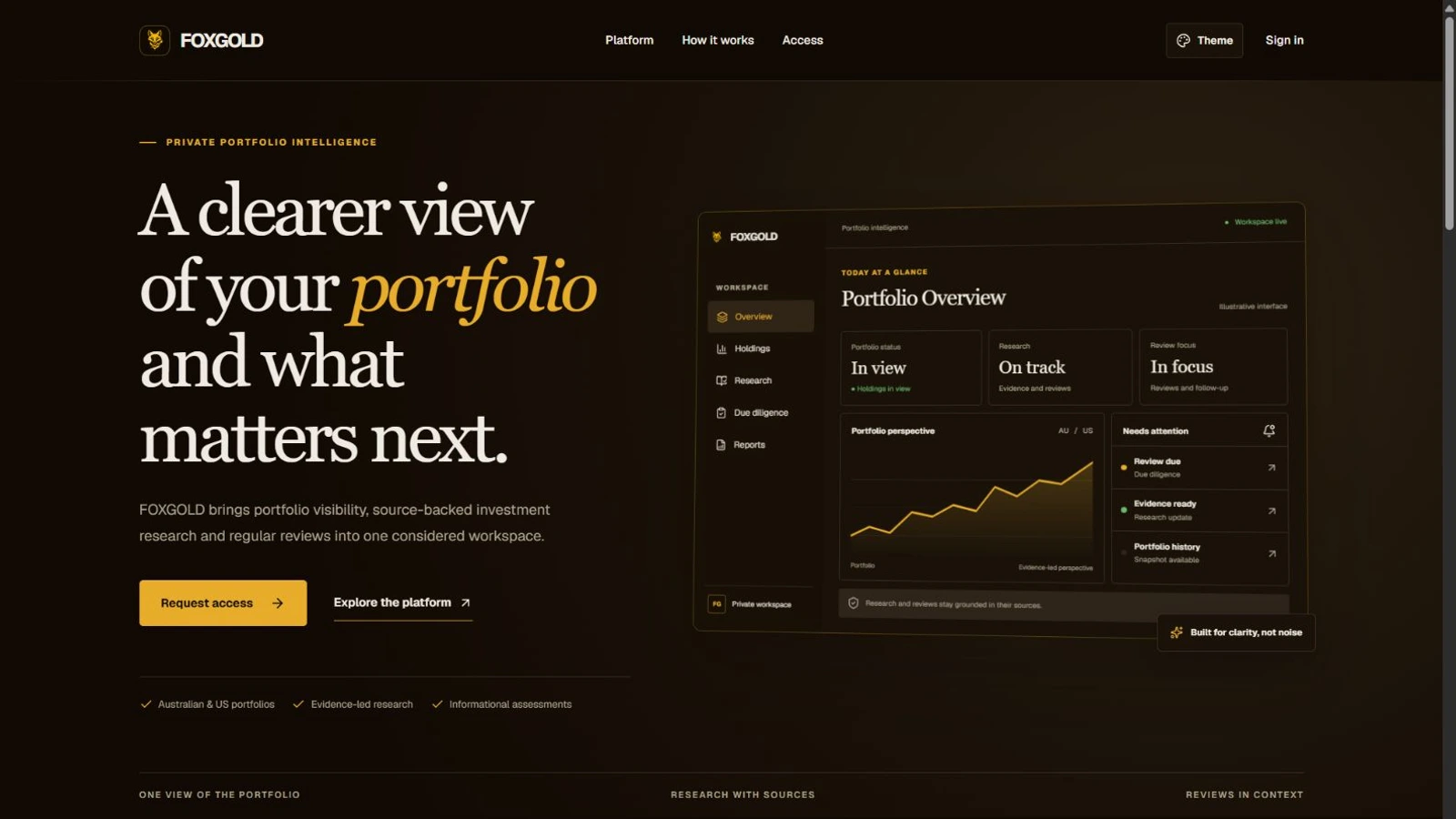 Foxgold landing page in dark mode with an illustrative portfolio workspace