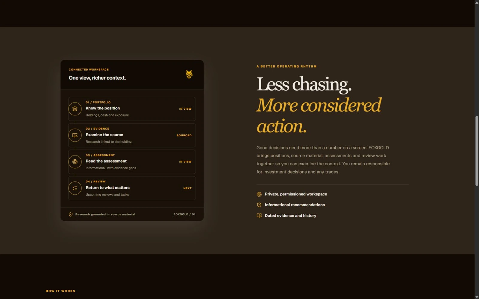 Flujo ilustrativo que conecta posiciones, evidencia, evaluación y revisión