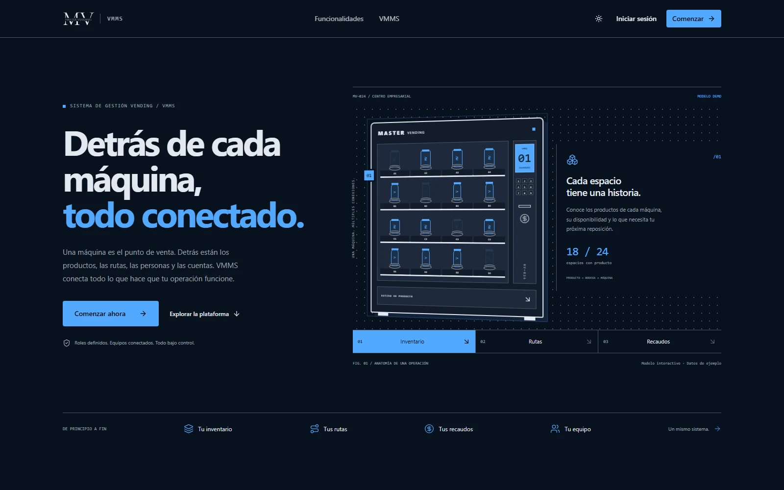 Página de inicio de VMMS con demo interactiva de máquina expendedora