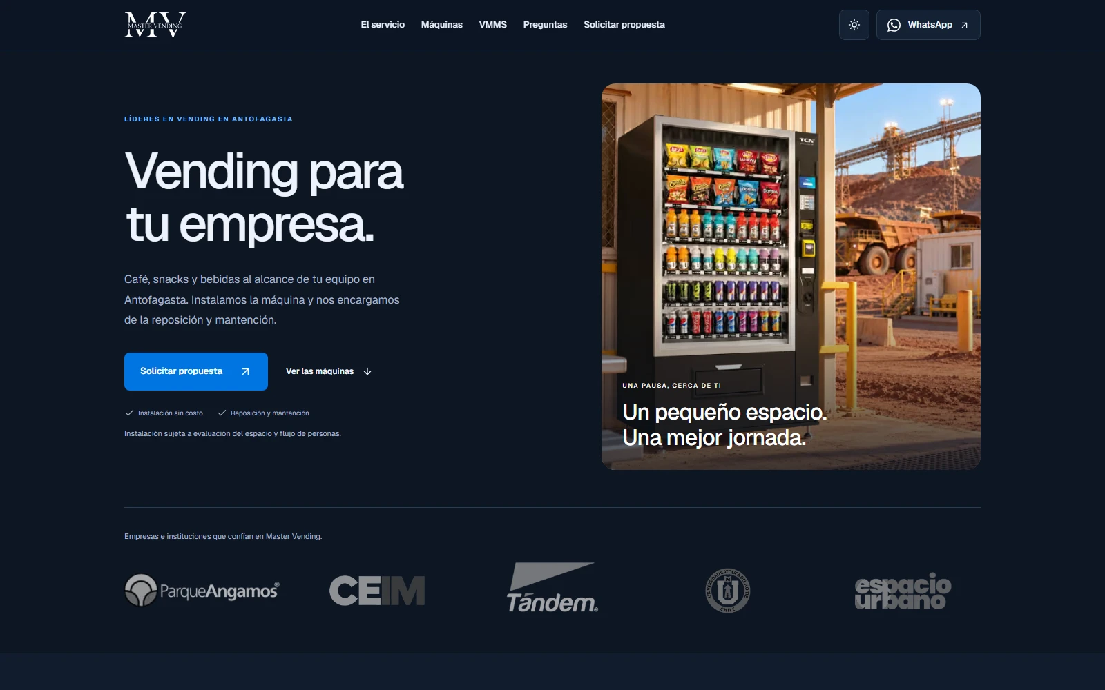 Página de inicio del sitio de servicios de Master Vending