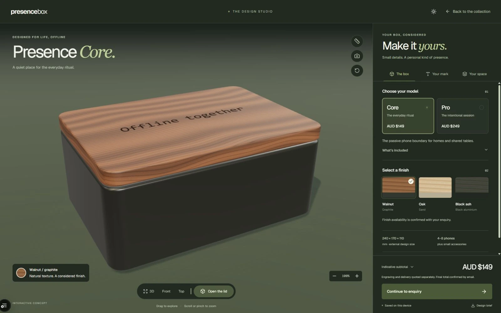 Estudio de diseño 3D interactivo con controles de modelo y acabado