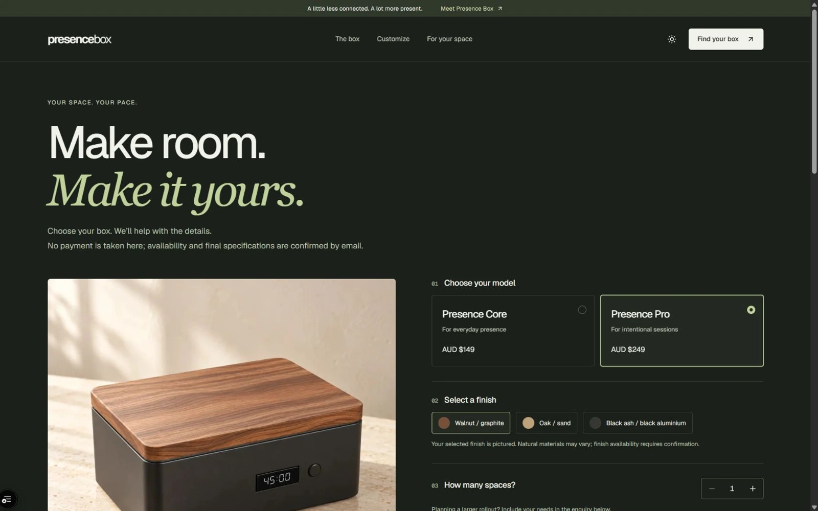Selección de modelo y acabado para una consulta de Presence Box