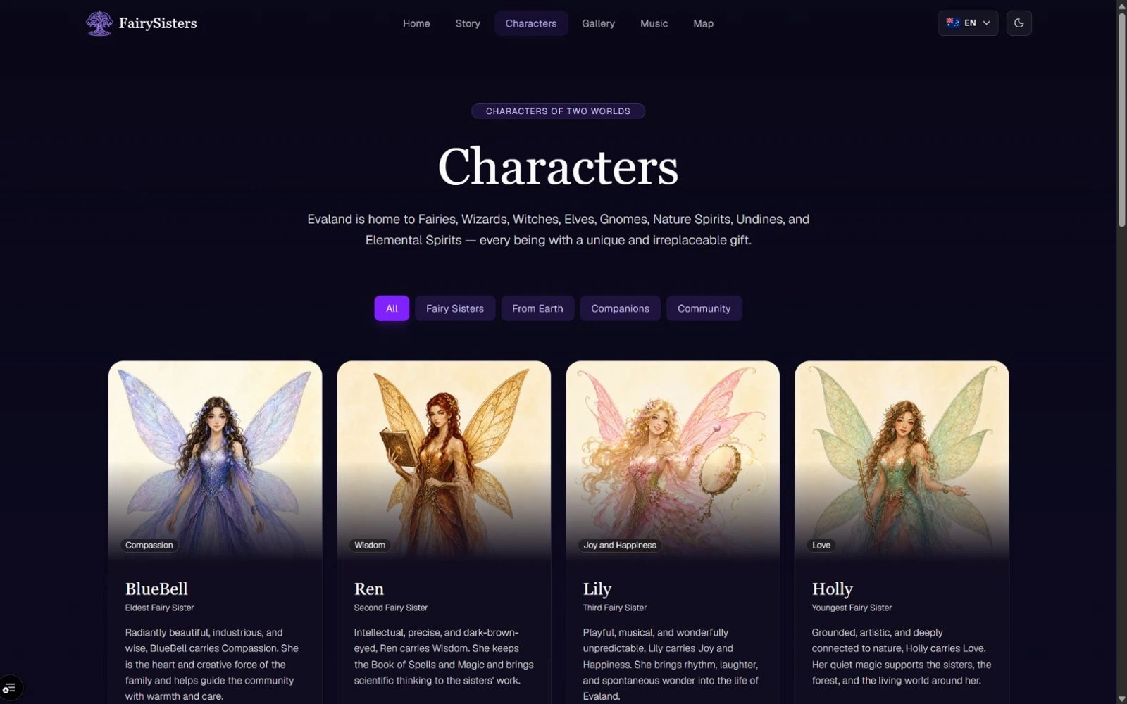 Illustrated character directory with category filters