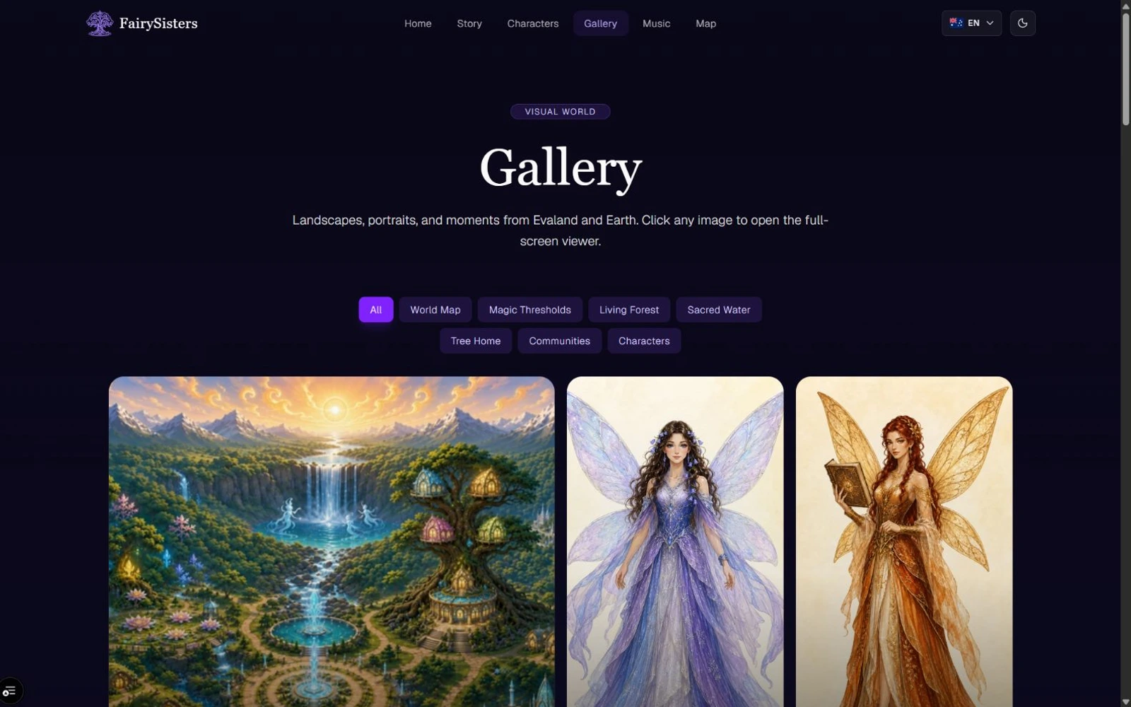 Evaland artwork gallery with thematic filters