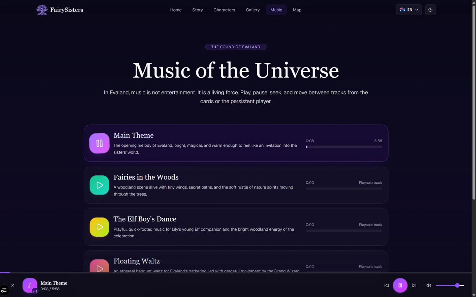 Music library with a selected track and persistent player