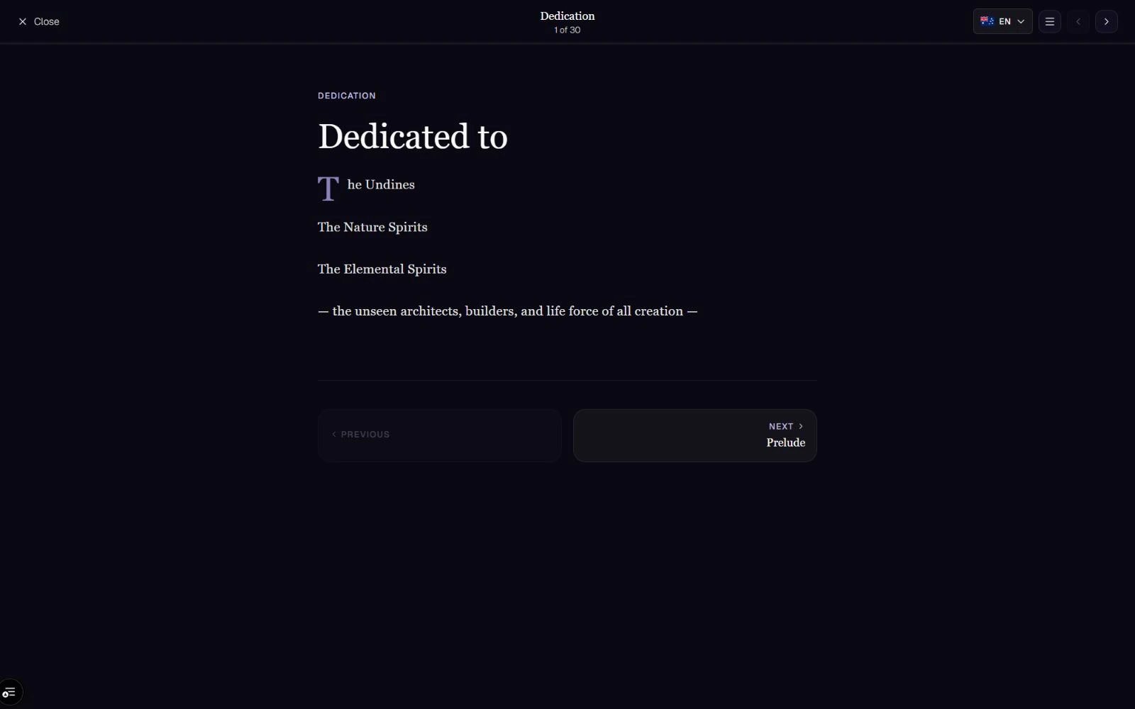 Focused book reader with chapter and language controls